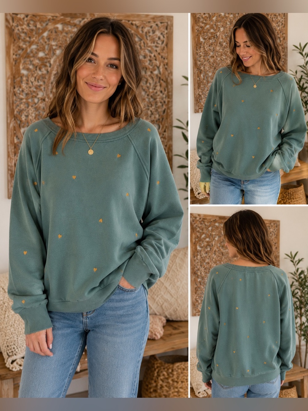 Universal Thread Sage Green Crewneck Sweater w/ Gold Embroidered Hearts- sz XL